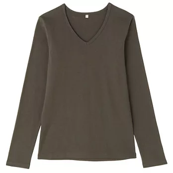 [MUJI無印良品]女有機棉混彈性V領長袖T恤XS可可棕