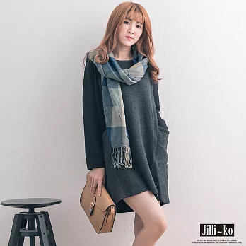【JILLI-KO正韓進口】緹花紋拼接針織連身裙-FREEFREE灰