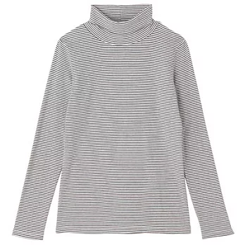 [MUJI無印良品]女有機棉混彈性橫紋高領衫S白橫紋