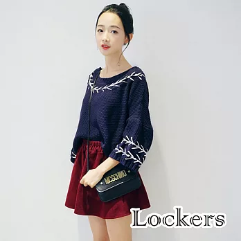 【Lockers 木櫃】韓款短版圓花紋領刺九分袖套頭上衣/針織衫/毛衣(藍色)