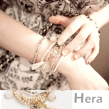 【Hera】赫拉 波西米亞風水鑽波斯貓花朵時鐘流蘇手鍊/手圈５件組(白色)