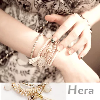 【Hera】赫拉 波西米亞風水鑽波斯貓花朵時鐘流蘇手鍊/手圈5件組(白色)