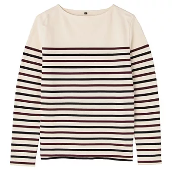 [MUJI無印良品]男有機棉寬紋船領長袖T恤XL暗紅