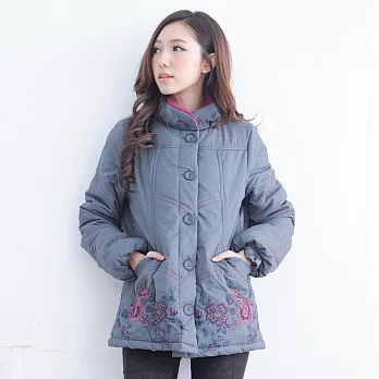 【模兒空間AMOR SPACE】N1288高雅刺繡純棉保暖舖棉外套(共2色)L灰