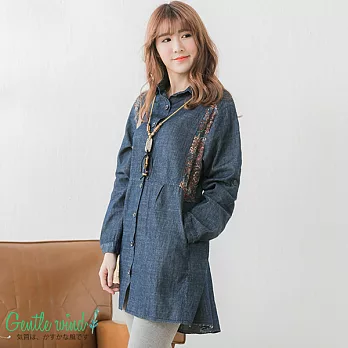 【Gentle wind 輕輕.吹】佩斯利拼接單寧襯衫-FREEFREE藍