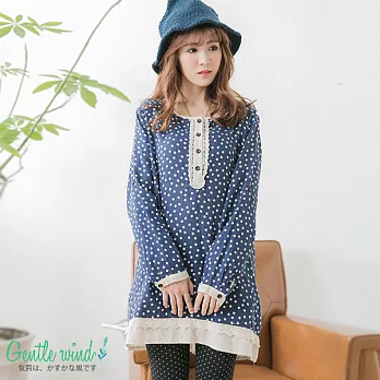 【Gentle wind 輕輕.吹】點點蕾絲領襬上衣(2色)-FREEFREE藍