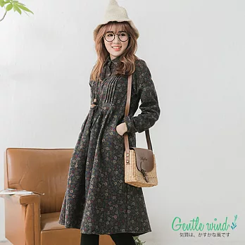 【Gentle wind 輕輕.吹】復古小花綁腰長襯洋(2色)-FREEFREE藍