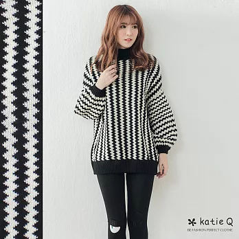【KatieQ】幾何直條針織長上衣-FREEFREE黑