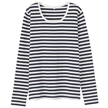 [MUJI無印良品]女有機棉混彈性圓領長袖T恤S深藍橫紋