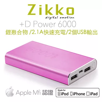 zikko +D Power 6000mAh/鋰聚合物/通過MFI蘋果認證行動電源粉紅