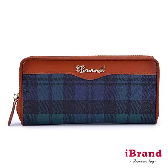 【i Brand 天然皮革】英倫格紋系列： 拉鍊長夾 -經典綠