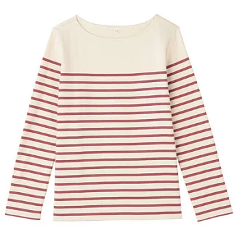 [MUJI無印良品]女有機棉粗織寬紋長袖T恤M煙燻粉橫紋