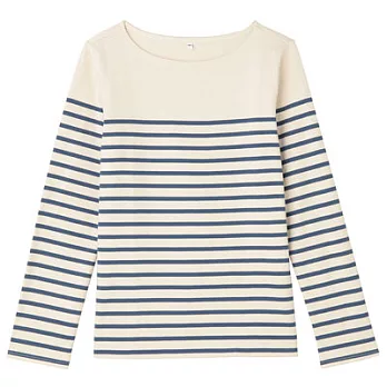 [MUJI無印良品]女有機棉粗織寬紋長袖T恤S煙燻藍橫紋