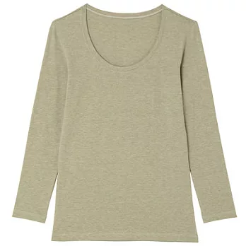 [MUJI無印良品]女棉混羊毛彈性保暖U領九分袖衫S橄欖綠