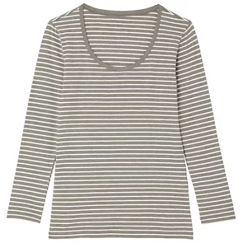 [MUJI無印良品]女棉混羊毛彈性保暖U領九分袖衫S煙燻綠橫紋