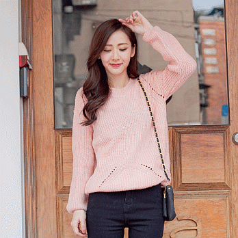 ROSE。糖果色鉤織圓領毛衣 粉系