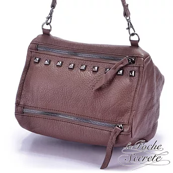 【La Poche Secrete天然皮革】自信女孩，雙拉鍊斜肩包 -風彩藕
