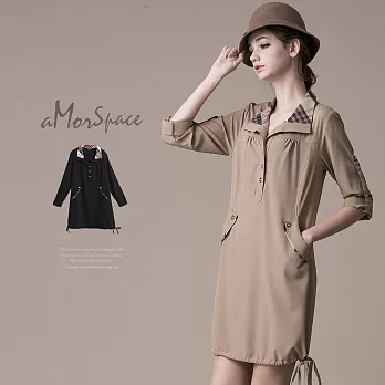 【模兒空間AMOR SPACE】S2026英倫時尚格紋大翻領修身洋裝(共2色)M黑