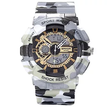 Watch-123 野戰尖兵-多層次軍事防震雙顯電子腕錶 (5色任選)灰白迷彩x金面