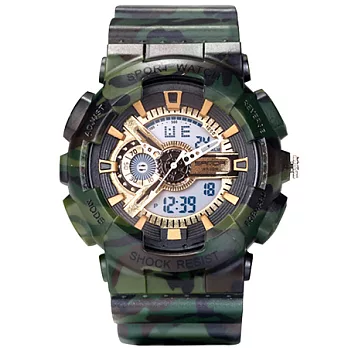 Watch-123 野戰尖兵-多層次軍事防震雙顯電子腕錶 (5色任選)軍綠迷彩x金面