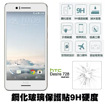 【Q&K】 HTC Desire 728 5.5吋 鋼化玻璃保護貼(前貼) 9H硬度 0.3mm 疏水疏油 高清抗指紋