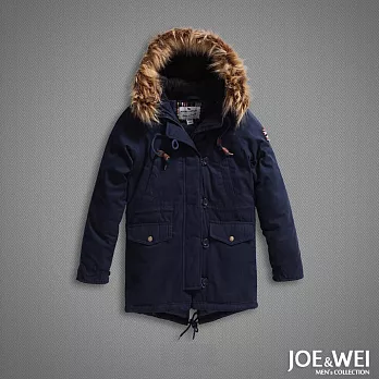 【JOE & WEI】毛帽羔羊毛長版鋪棉禦寒軍大衣(2色)-M-XLM藍