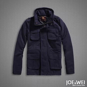 【JOE & WEI】左胸貼布高領軍裝鋪棉大衣(2色)-M-XLM藍