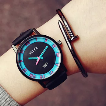 Watch-123 百搭風格-黑盤彩色圈羅馬時標活力腕錶 (5色可選)藍圈