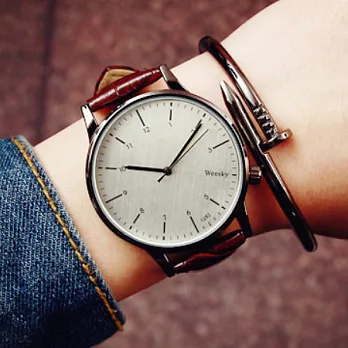 Watch-123 交換禮物-刻度加數字標情侶黑白腕錶 (6色可選)褐帶白面x男