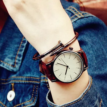 Watch-123 交換禮物-刻度加數字標情侶黑白腕錶 (6色可選)褐帶白面x女