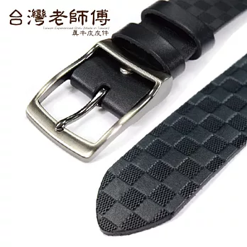 【台灣老師傅】真牛皮皮帶。54007_黑色手工壓印經典浮刻格紋