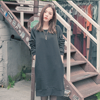 【韓國連線】。韓國 羅文加厚刷毛長裙洋裝 黑系