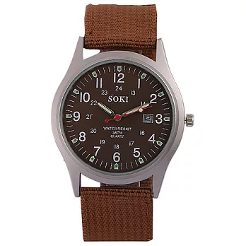 Watch-123 榮譽勳章-完美霸氣質感軍風帆布日曆腕錶 (3色任選)咖啡色