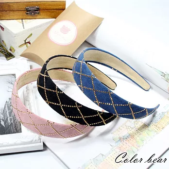 【卡樂熊】韓版氣質女伶格紋鉚釘寬版髮箍-藍色