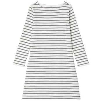 [MUJI無印良品]女有機棉粗織橫紋長袖洋裝灰橫紋L灰橫紋