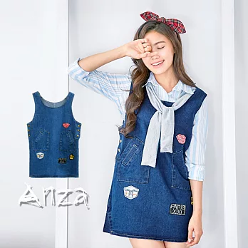 【AnZa】牛仔丹寧衣貼造型背心裙FREE藍色