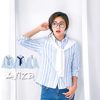 【AnZa】假領帶直條紋襯衫(三色)FREE白色
