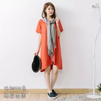 【慢。生活】斜邊假釦棉麻連身裙(3色)-F　FREE橘