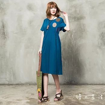 【KatieQ 慢。生活】圓圈摺袖棉麻連身裙(2色)-F　FREE藍