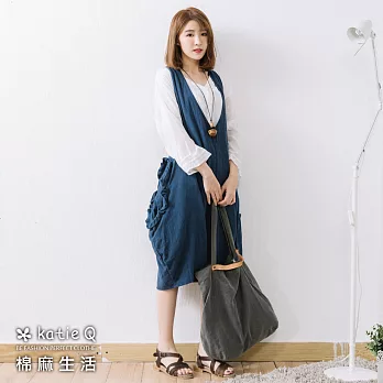 【KatieQ 慢。生活】造型口袋棉麻背心裙(2色)-F　FREE藍