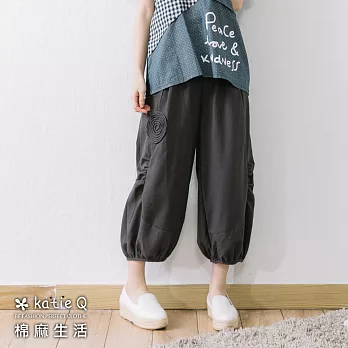 【KatieQ 慢。生活】立體貼布棉麻長褲(2色)-F　FREE灰