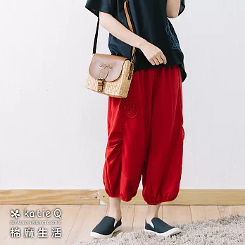 【KatieQ 慢。生活】立體貼布棉麻長褲(2色)-F　FREE紅