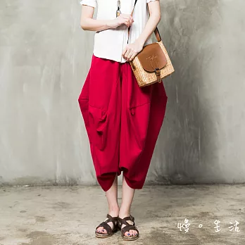 【KatieQ 慢。生活】大口袋棉麻裙褲(2色)-F　FREE紅