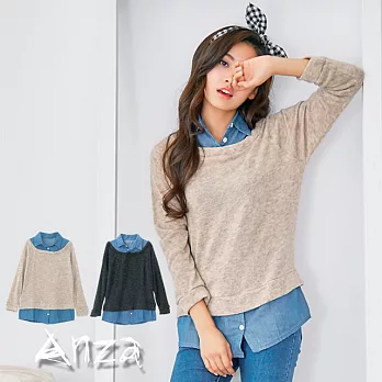 【AnZa】假兩件丹寧拼接毛衣襯衫(二色) FREE淺杏色