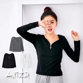 【AnZa】棉料拉鍊小V領上衣(三色)FREE黑色