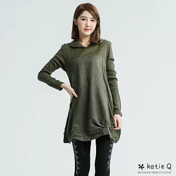 【KatieQ】簡約皮絨拼接長版上衣(綠)-M-XL　L綠
