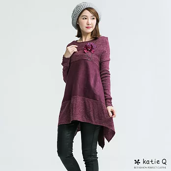 【KatieQ】簡約皮絨拼接長版上衣(紫)-M-XL　M紫