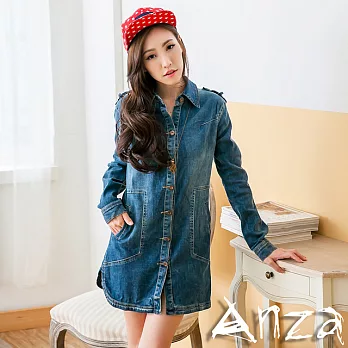 【AnZa】中大尺碼．丹寧長版襯衫/連身裙XL藍色