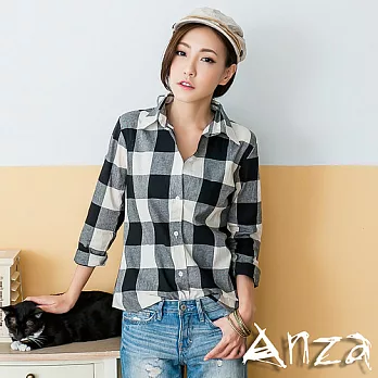 【AnZa】棉麻配色格紋襯衫(三色) FREE黑白格