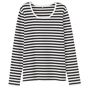 [MUJI無印良品]女有機棉混彈性圓領橫紋長袖T恤S黑橫紋